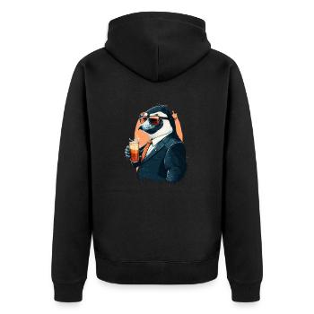 Pinguin gönnt sich ein Bier im Anzug - Unisex Premium Bio Zip Hoodie - Schwarz - Hinten - Nico (187cm)