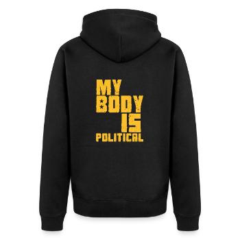 MEIN KÖRPER IST POLITISCH - Unisex Premium Bio Zip Hoodie - Schwarz - Hinten - Nico (187cm)