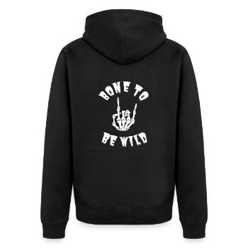Halloween Metal Rock BONE TO BE WILD, weiß - Unisex Premium Bio Zip Hoodie - Schwarz - Hinten - Nico (187cm)
