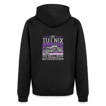 Die tut nix die will nur Motorrad fahren Bikerin - Unisex Premium Bio Zip Hoodie - Schwarz - Hinten - Nico (187cm)