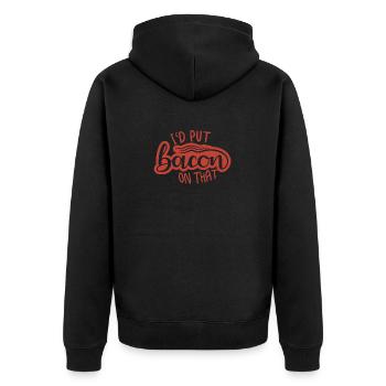 Lustiger Speckspruch Knuspriger Speck Junk Food - Unisex Premium Bio Zip Hoodie - Schwarz - Hinten - Nico (187cm)