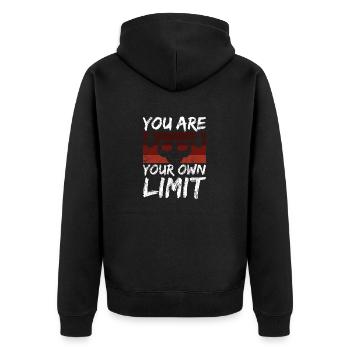 Pumpen Kraftsport Spruch du dein Limit Mindset - Unisex Premium Bio Zip Hoodie - Schwarz - Hinten - Nico (187cm)