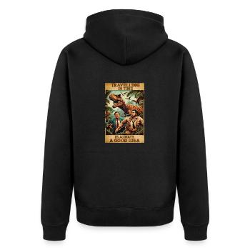 90s movie poster design Time travel T-Rex Humor - Unisex Premium Bio Zip Hoodie - Schwarz - Hinten - Nico (187cm)