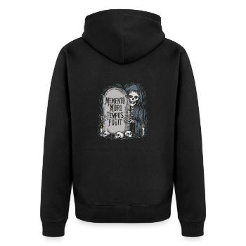 Memento Mori Tempus Fugit Skelett Stoiker - Unisex Premium Bio Zip Hoodie - Schwarz - Hinten - Nico (187cm)