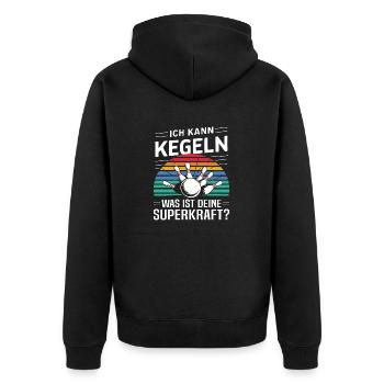 Ich kann kegeln was ist deine Superkraft Kegler - Unisex Premium Bio Zip Hoodie - Schwarz - Hinten - Nico (187cm)
