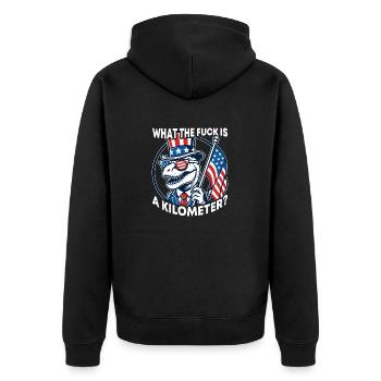 WTF is a kilometer American Flag T-Rex President - Unisex Premium Organic Zip Hoodie - black - Back - Nico (187cm)