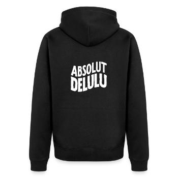 Absolut Delulu Lustiger Spruch Verwirrt Denglisch - Unisex Premium Bio Zip Hoodie - Schwarz - Hinten - Nico (187cm)
