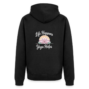 Life Happens Yoga hilft bei der Meditation und Achtsamkeit - Unisex Premium Bio Zip Hoodie - Schwarz - Hinten - Nico (187cm)
