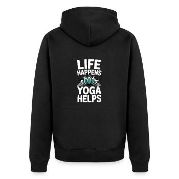 Life Happens Yoga hilft bei der Meditation und Achtsamkeit - Unisex Premium Bio Zip Hoodie - Schwarz - Hinten - Nico (187cm)