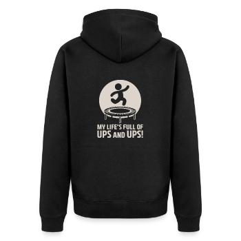 Mein Leben ist voll von Ups und Ups - Trampolin Witz - Unisex Premium Bio Zip Hoodie - Schwarz - Hinten - Nico (187cm)
