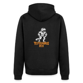 Testosaurus Rex Lustiger Bodybuilder Dinosaurier - Unisex Premium Bio Zip Hoodie - Schwarz - Hinten - Nico (187cm)