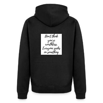 Don´t think you re worthless... - Unisex Premium Bio Zip Hoodie - Schwarz - Hinten - Nico (187cm)