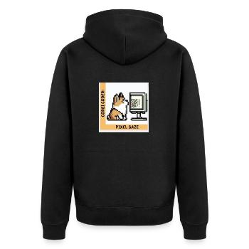 Corgi Coder: Pixel Gaze - Unisex Premium Bio Zip Hoodie - Schwarz - Hinten - Nico (187cm)