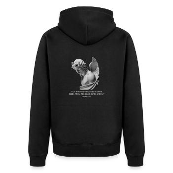 Romans 8:11 – Angel Motif with Bible Verse - Unisex Premium Organic Zip Hoodie - black - Back - Nico (187cm)