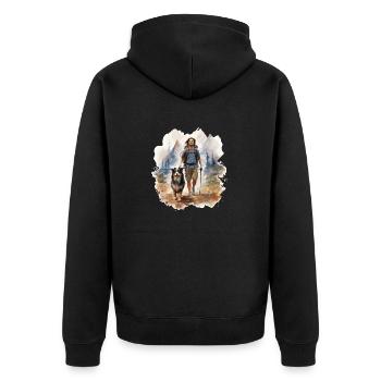 Wanderer mit Hund, Polygon Stil - Unisex Premium Bio Zip Hoodie - Schwarz - Hinten - Nico (187cm)