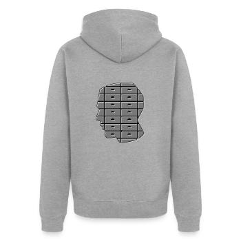Schubladendenken aufgeben! - Unisex Premium Bio Zip Hoodie - Grau meliert - Hinten - Nico (187cm)