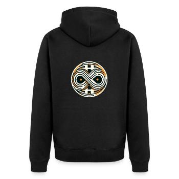 Bitcoin Symbol Unendlicher Wert 21 Millionen - Unisex Premium Bio Zip Hoodie - Schwarz - Hinten - Nico (187cm)