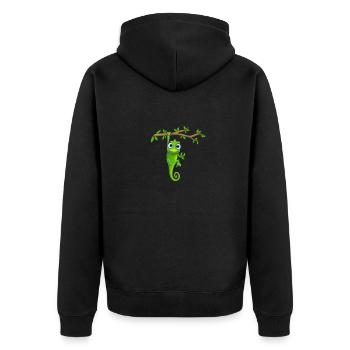 Chamäleon grün hängt am Ast - Unisex Premium Bio Zip Hoodie - Schwarz - Hinten - Nico (187cm)