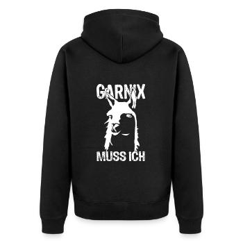 Nein, ich muss garnichts - Lama - Spruch - Unisex Premium Bio Zip Hoodie - Schwarz - Hinten - Nico (187cm)
