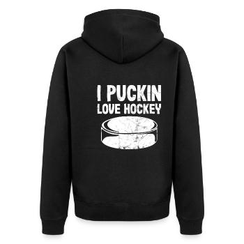 Hockey i puckin love hockey spieler - Unisex Premium Bio Zip Hoodie - Schwarz - Hinten - Nico (187cm)