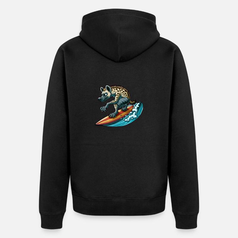 Surfende Hyäne auf dem Surfbrett - Unisex Premium Bio Zip Hoodie - Schwarz