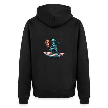 Surfeur extraterrestre avec pizza sur planche de surf - Veste à capuche bio Premium Unisexe - noir - Dos - Nico (187cm)