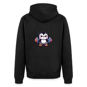 Bunter Pinguin Gewichtheber Workout - Unisex Premium Bio Zip Hoodie - Schwarz - Hinten - Nico (187cm)