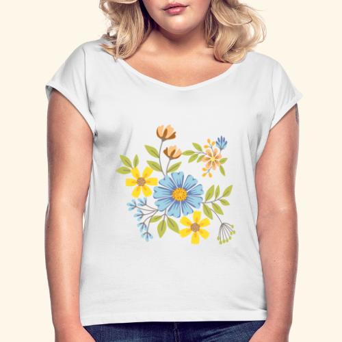 Blue Cream and Yellow FLOWERS - Koszulka damska z lekko podwiniętymi rękawami