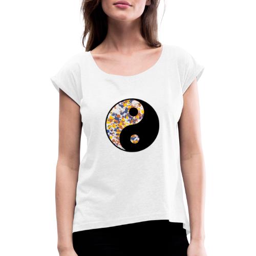 Yin Yang, Farbspritzer, Punkte, Farbe, Kleckse, - Frauen T-Shirt mit gerollten Ärmeln