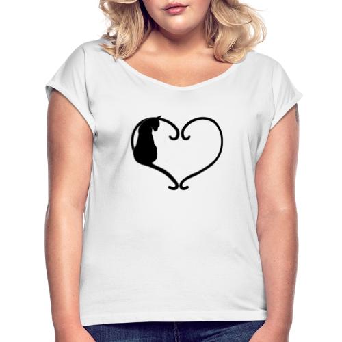 Chat coeur noir - T-shirt à manches retroussées Femme
