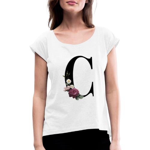 Inicial con C estampado floral - Camiseta con manga enrollada mujer