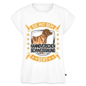 Die mit dem Hannoverscher Schweißhund geht - Frauen Premium Bio Top - Weiß - Vorne - AI Model Female 172 light (172cm)