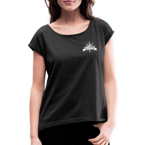 discovering the world (Logo vorne und hinten weiß) - Frauen T-Shirt mit gerollten Ärmeln
