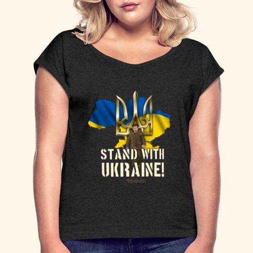 Ukraine Umriss Dreizack Fahne Selenskyj - Frauen T-Shirt mit gerollten Ärmeln