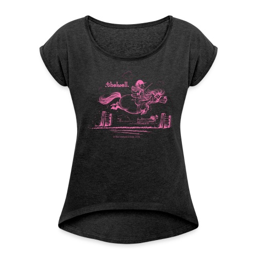 Thelwell Cartoon Pony Sprung Rosa - Frauen T-Shirt mit gerollten Ärmeln
