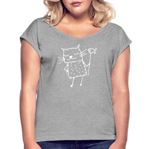 Katze mit Fisch - Frauen T-Shirt mit gerollten Ärmeln