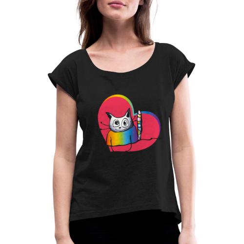 Valentines Day: Cat in Love - Frauen T-Shirt mit gerollten Ärmeln
