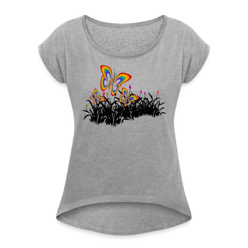 Regenbogen Schmetterlinge Bunt Farben Blüten Kunst - Frauen T-Shirt mit gerollten Ärmeln