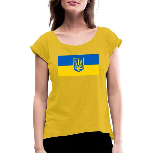 Ukraine Wappen auf Blau Gelb Flagge - Frauen T-Shirt mit gerollten Ärmeln