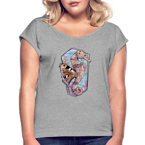 Fantasie-Seepferdchen in Wasserfarben - Frauen T-Shirt mit gerollten Ärmeln