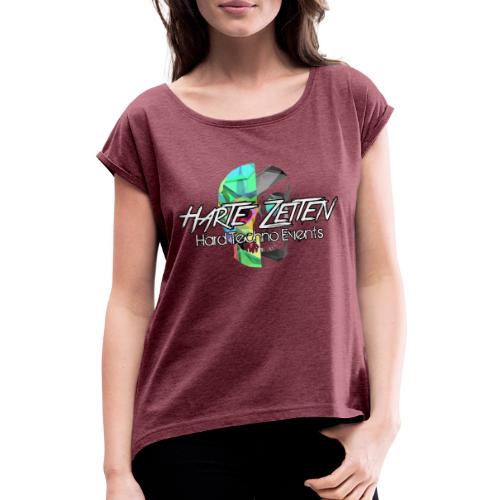 Harte Zeiten Skull & Schriftzug - Frauen T-Shirt mit gerollten Ärmeln