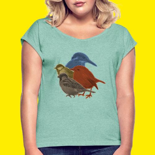 Vogelverzameling in line-art - Vrouwen T-shirt met opgerolde mouwen