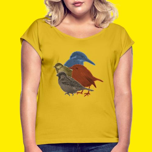 Vogelverzameling in line-art - Vrouwen T-shirt met opgerolde mouwen