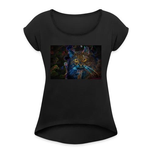 Fluo Katze - Frauen T-Shirt mit gerollten Ärmeln