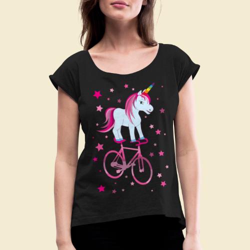 Kunstrad | Einhorn Pink - Frauen T-Shirt mit gerollten Ärmeln
