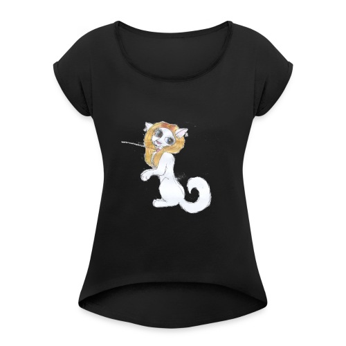Comic Katze - Frauen T-Shirt mit gerollten Ärmeln