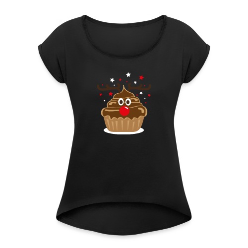 Cupcake als Rentier dekoriert - Frauen T-Shirt mit gerollten Ärmeln