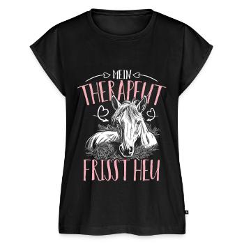 MEIN THERAPEUT FRISST HEU PFERDE REITEN REITERIN - Frauen Premium Bio Top - Schwarz - Vorne - AI Model Female 172 light (172cm)