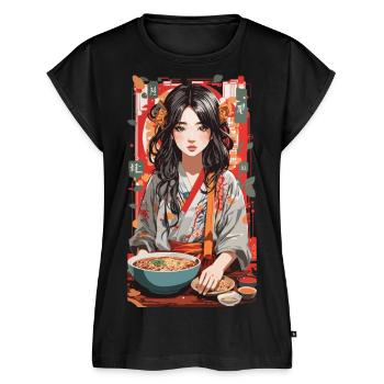 Ramen Anime Popart Soupe de nouilles japonaise - Haut bio Premium Femme - noir - Devant - AI Model Female 172 light (172cm)