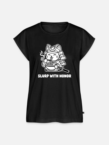 Samurai-Katze isst Nudeln - Frauen Premium Bio Top - Schwarz